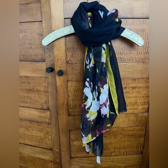 Like New Navy Scarf with Floral Print & Yellow Border—Joules Wensley 27.5” x 80” - Picture 16 of 17